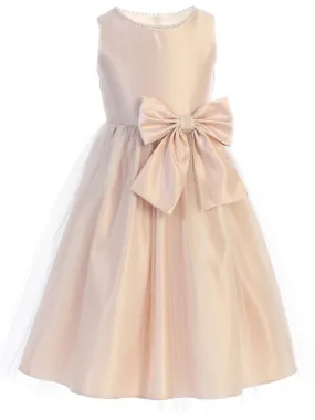 Big Girls Blush Satin Tulle Pearl Ribbon Flower Girl Dress 7-12